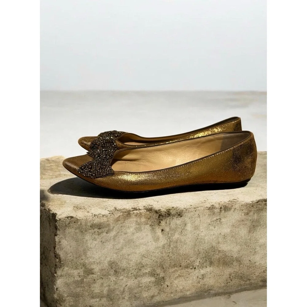 Tory Burch Azalea Jeweled Bow Flats Metallic Gold Women's Size 10.5 Luxury